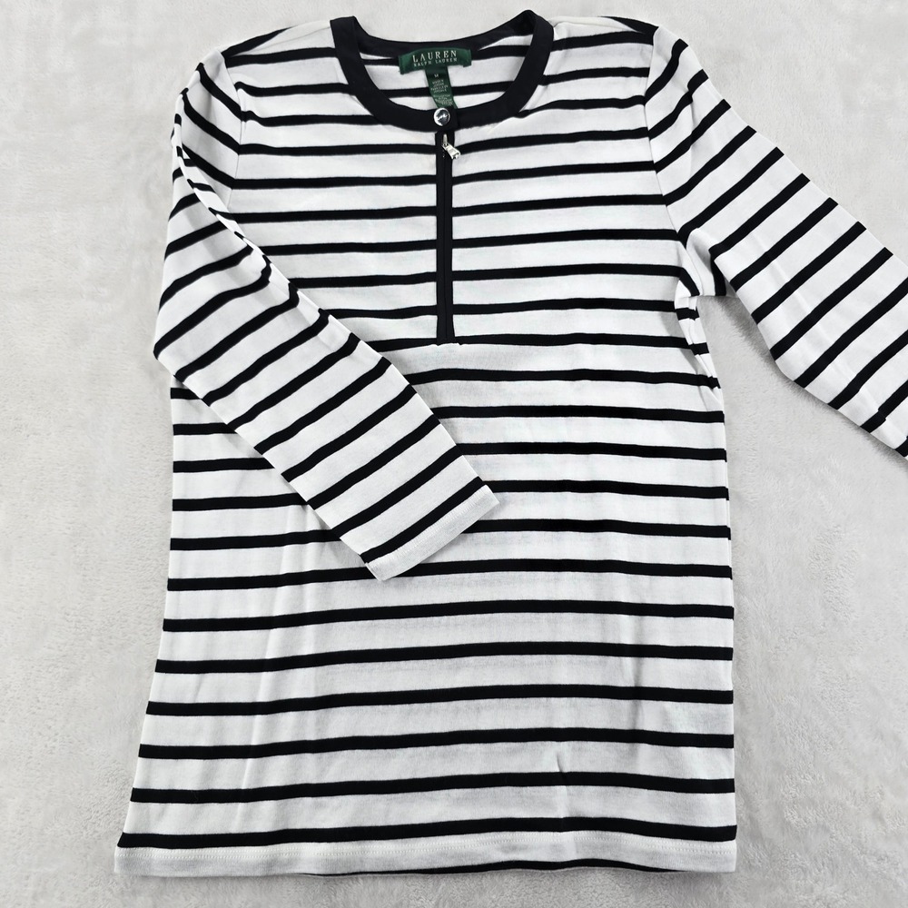 Lauren Ralph Lauren Top Womens Size M Shirt Black‎ White Striped 3/4 Sleeve Zip